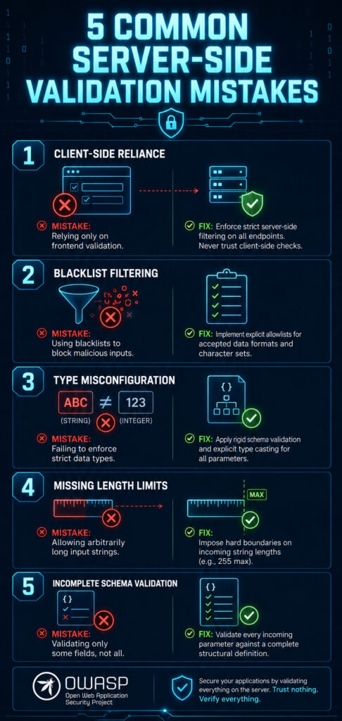 Vertical infographic titled "5 Common Server-Side Validation Mistakes" showing five mistakes with their fixes: Client-Side Reliance, Blacklist Filtering, Type Misconfiguration, Missing Length Limits, and Incomplete Schema Validation.