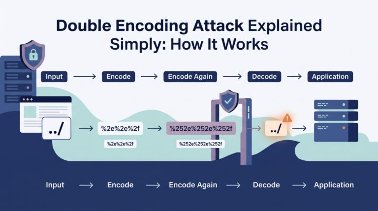 System layout demonstrating request traversal and security filter bypass in a double encoding attack explained simply.