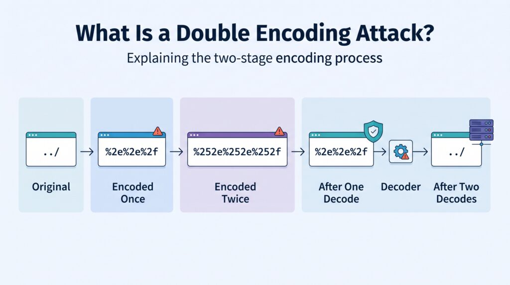 Step-by-step diagram illustrating the two-stage encoding mechanism in a double encoding attack explained simply.