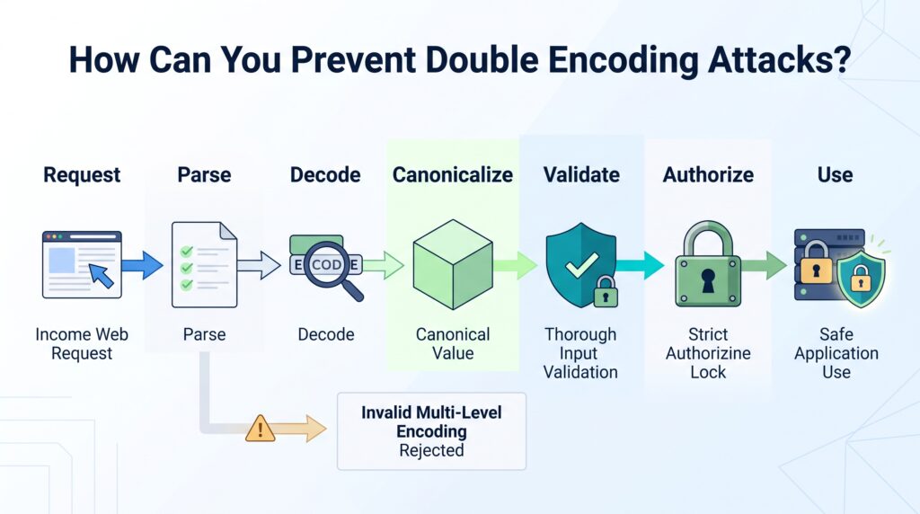 Visual workflow illustrating validation boundaries to stop a double encoding attack explained simply.
