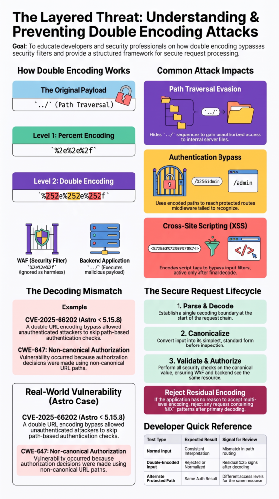 Infographic mapping security risks and lifecycle steps for a double encoding attack explained simply.