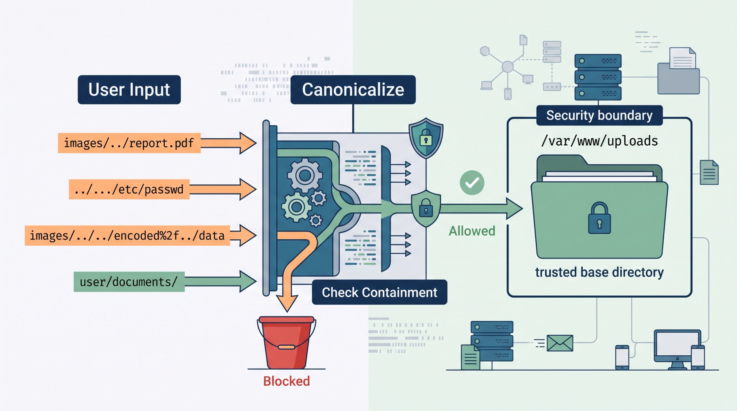 Visualization of input processing using a path traversal canonicalization example to separate allowed and blocked paths.