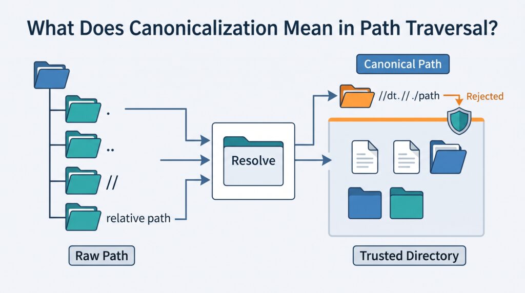 Visual explanation of path traversal canonicalization example, transforming raw input into a resolved path.