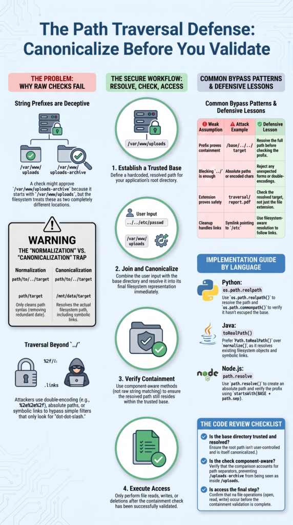 Secure coding infographic featuring a path traversal canonicalization example to prevent common bypass patterns.