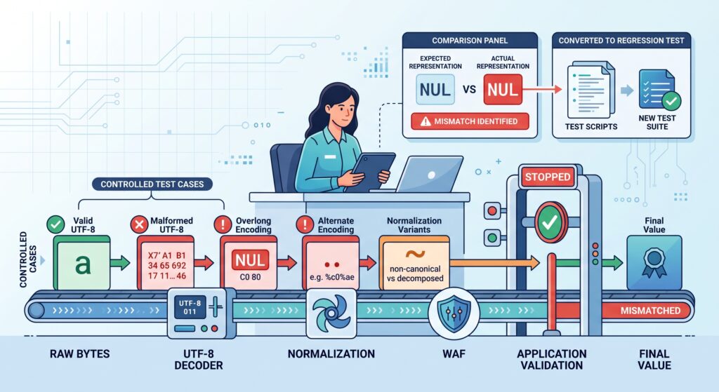 Security engineer testing application input to block UTF-8 encoding attacks canonicalization risks