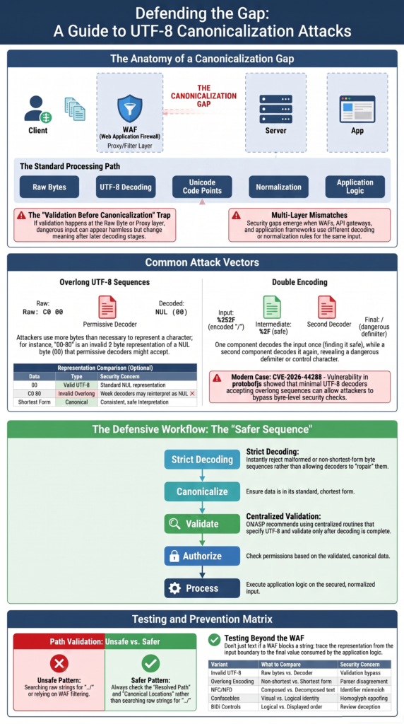 Infographic on UTF-8 encoding attacks canonicalization detailing processing gaps and defensive workflows.