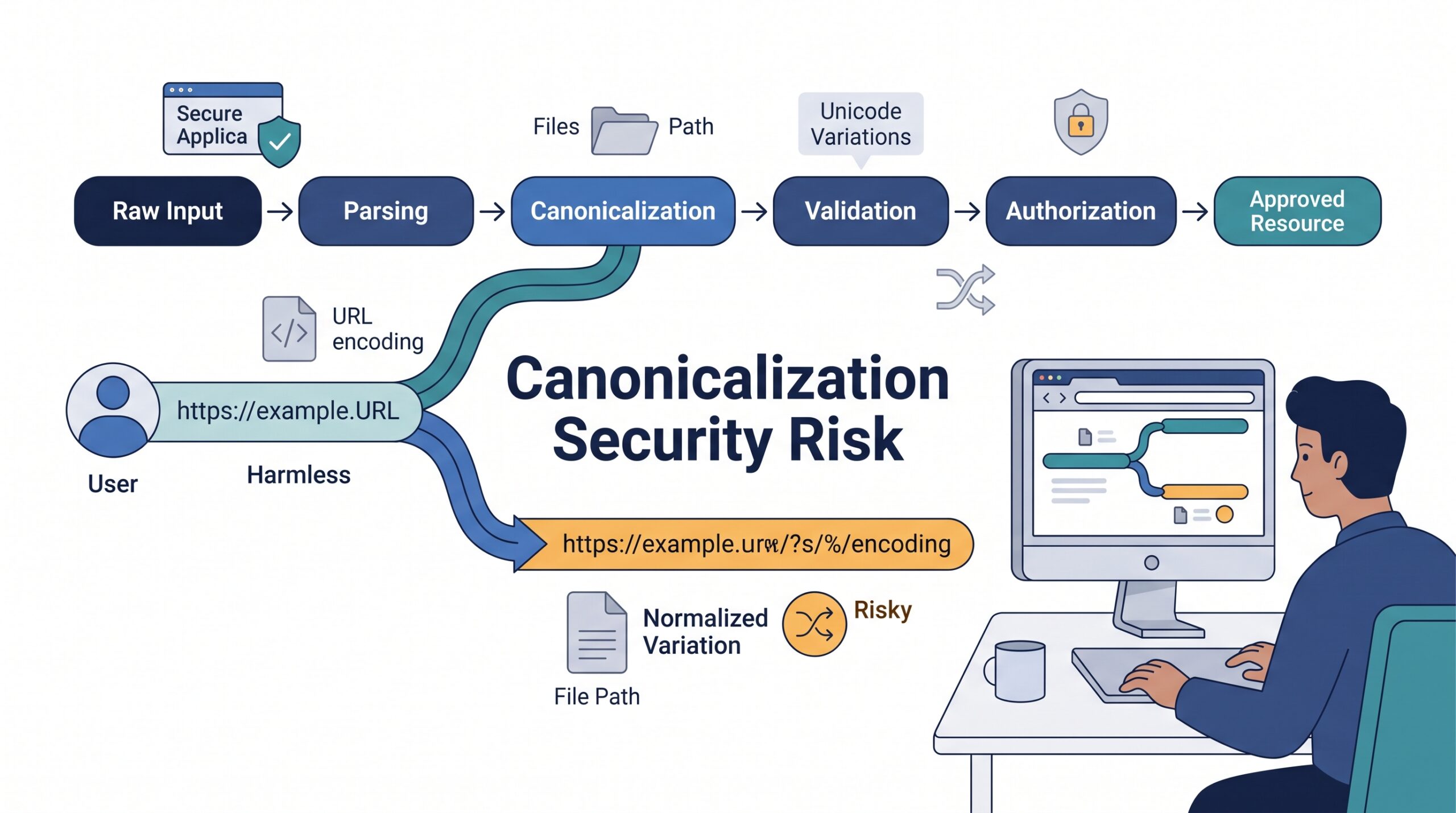 User interacting with a data flow chart illustrating what is canonicalization security risk for URLs and file paths.