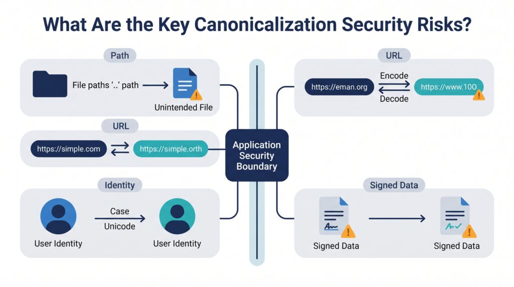 Illustration of developers examining validation mismatches to see what is canonicalization security risk in app pipelines.