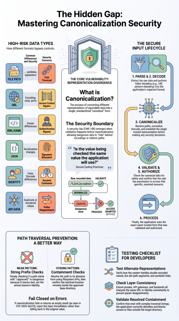 Infographic mapping high-risk data types to explain what is canonicalization security risk and input lifecycle steps.