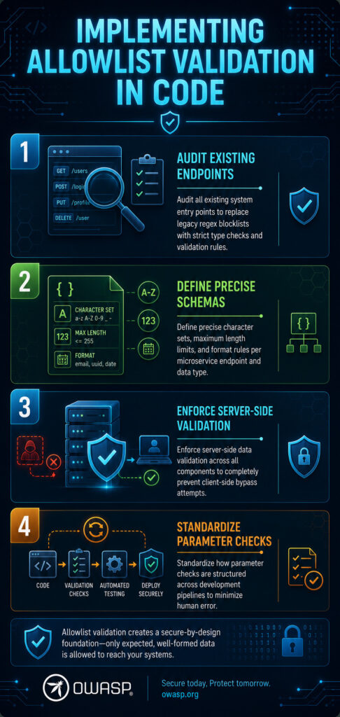 Vertical infographic titled "Implementing Allowlist Validation in Code" showing four key implementation strategies: audit existing endpoints, define precise schemas, enforce server-side validation, and standardize parameter checks.