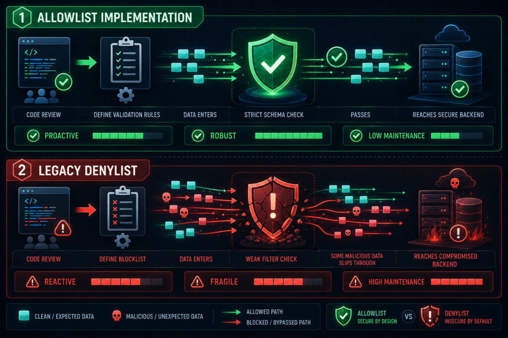 Visual comparison diagram showing Allowlist Implementation with proactive code validation vs Legacy Denylist with reactive fragile filtering, with clear performance metrics and maintenance burden indicators.