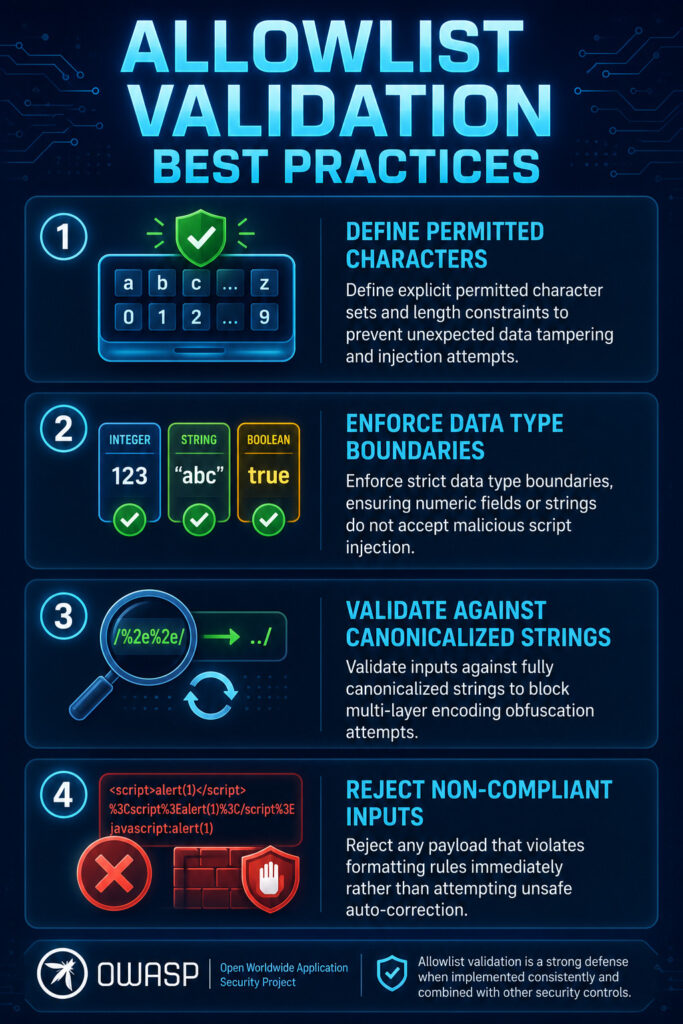 Vertical infographic titled "Allowlist Validation Best Practices" showing four key practices: define permitted characters, enforce data type boundaries, validate against canonicalized strings, and reject non-compliant inputs.