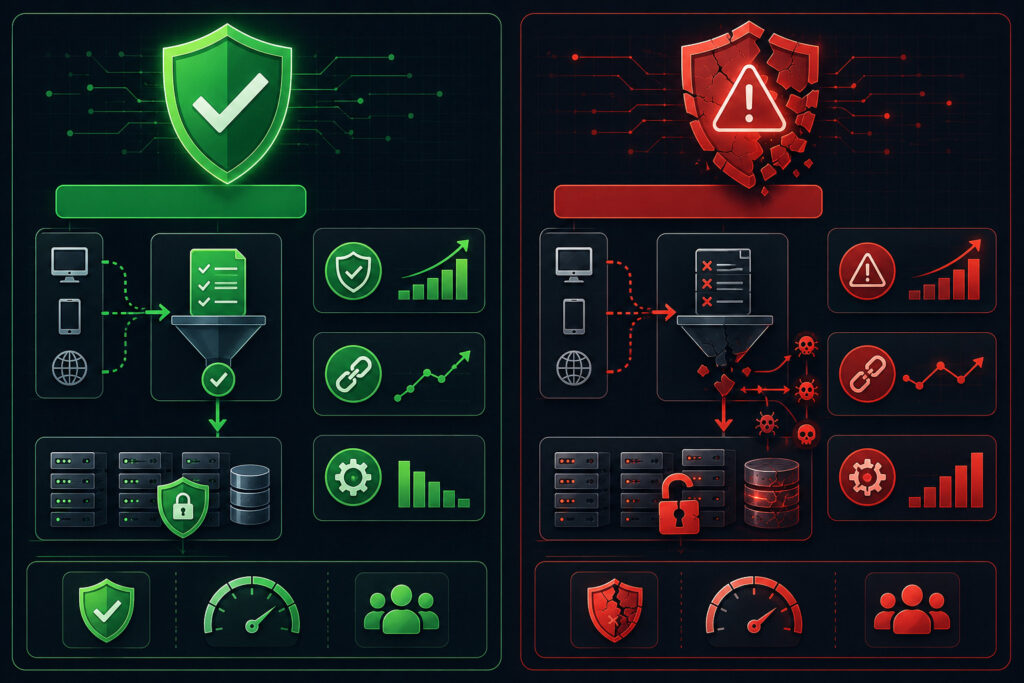 Visual comparison diagram showing Allowlist (proactive, robust, low maintenance) vs Denylist (reactive, fragile, high maintenance) validation architectures with clear performance metrics.