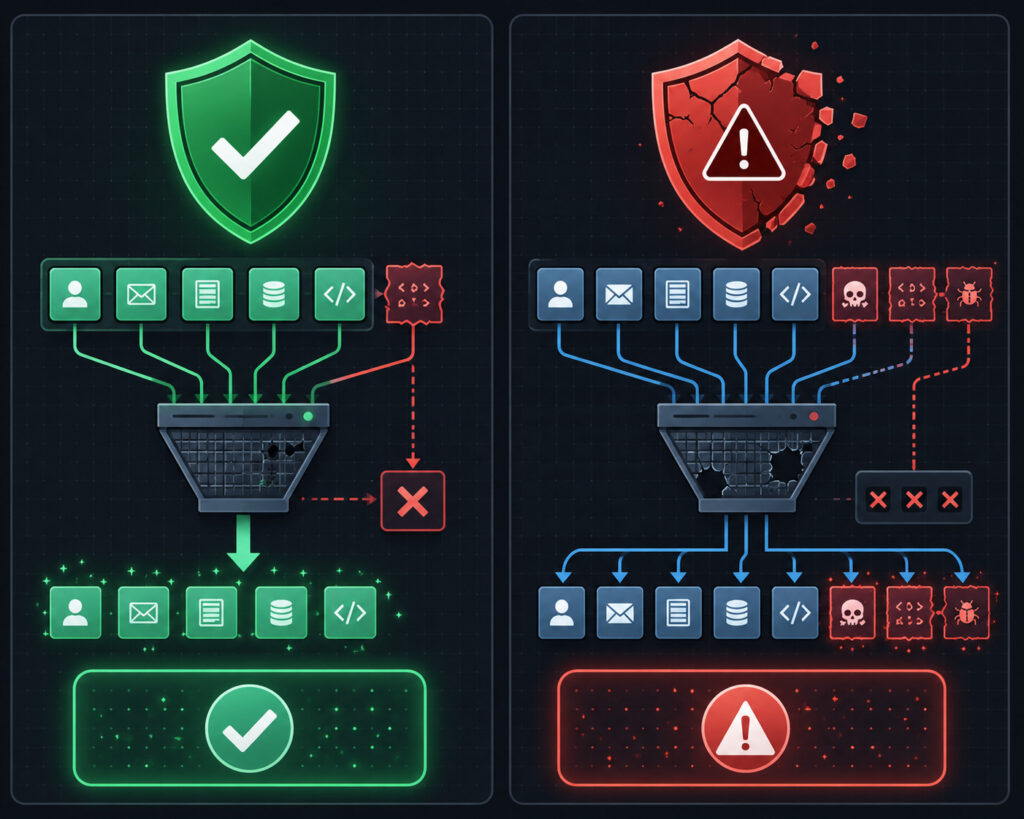 Visual comparison diagram showing allowlist (green shield, approved items) vs denylist (red warning, blocked items) validation approaches with input flows passing through each.
