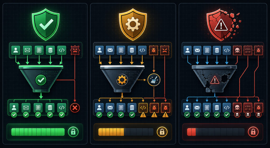 Visual comparison diagram showing three validation methods side by side: Allowlist Model (shield, high security), Sanitization Routine (medium), and Denylist Model (broken shield, low security).