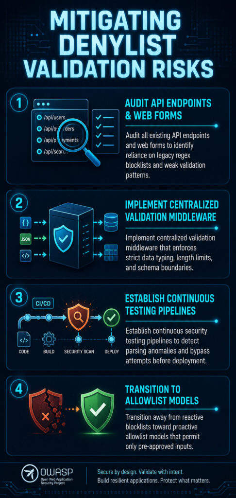 Vertical infographic titled "Mitigating Denylist Validation Risks" showing four key mitigation strategies: audit API endpoints, implement centralized validation middleware, establish continuous testing, and transition to allowlist models.