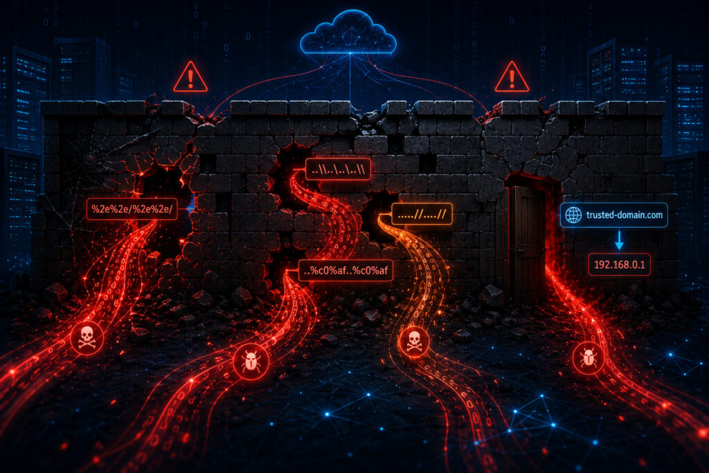Dynamic illustration showing common denylist validation pitfalls: incomplete blocklists, encoding bypasses, and obfuscation techniques tricking the filter.