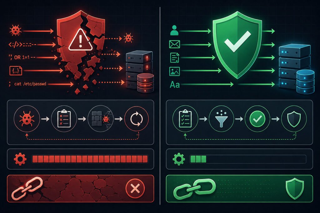 Visual comparison diagram showing Denylist (reactive, fragile, high maintenance) vs Allowlist (proactive, robust, low maintenance) validation approaches.
