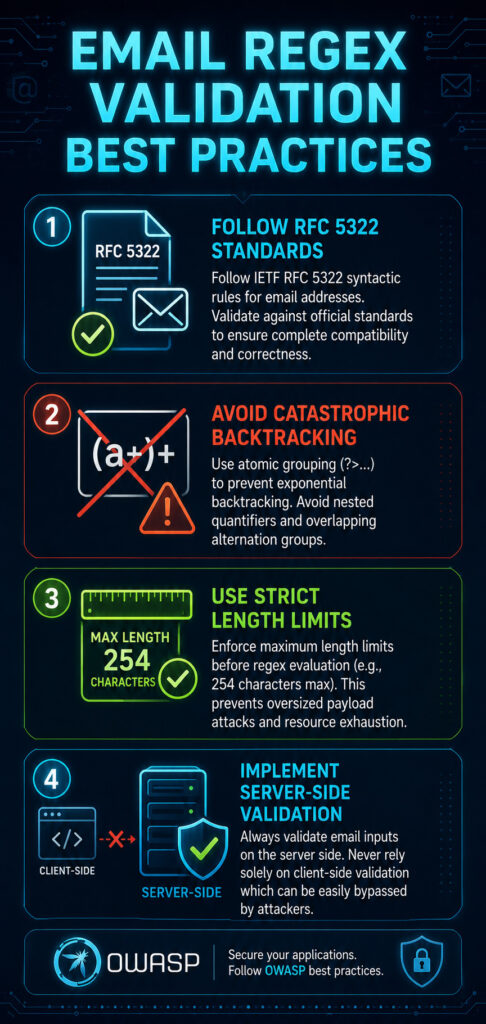 Vertical infographic titled "Email Regex Validation Best Practices" showing four key practices: follow RFC standards, avoid catastrophic backtracking, use strict length limits, and implement server-side validation.