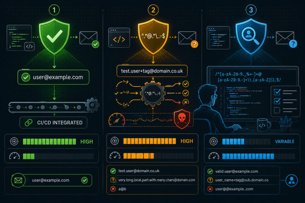 Visual comparison diagram showing three email regex validation methods: Static Analysis Linters, Pattern Matching Engines, and Manual Code Review with effectiveness and overhead indicators.