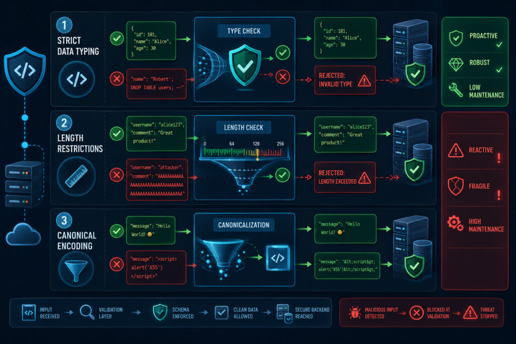 Dynamic illustration showing three ways enforced schemas block injections in code: strict data typing preventing SQL injection in code, length restrictions blocking buffer overflow, and canonical encoding neutralizing XSS payloads.