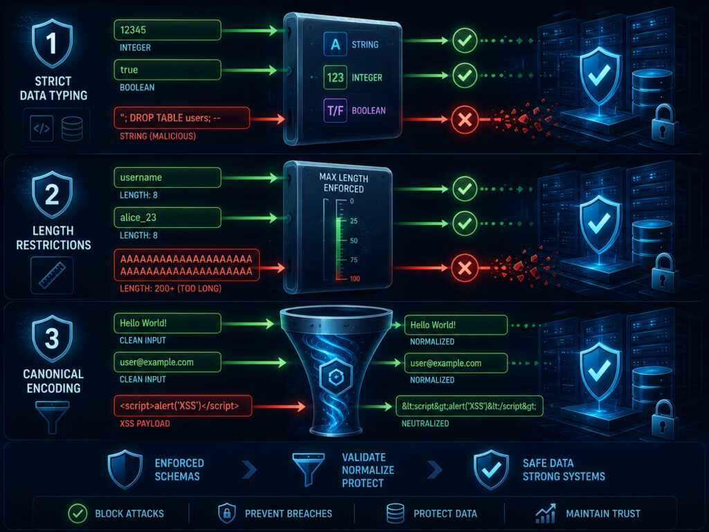 Dynamic illustration showing three ways enforced schemas block injections: strict data typing preventing SQL injection, length restrictions blocking buffer overflow, and canonical encoding neutralizing XSS attacks.