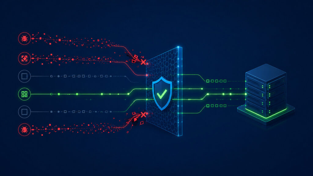 Technical illustration of a secure server gateway inspecting incoming data parameters using strict permit filters.