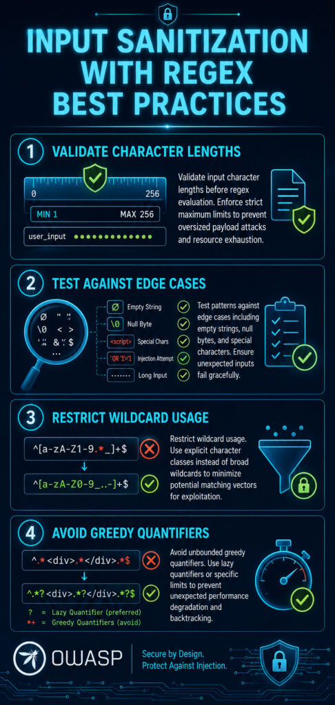 Vertical infographic titled "Input Sanitization with Regex Best Practices" showing four key practices: validate character lengths, test edge cases, restrict wildcard usage, and avoid greedy quantifiers.