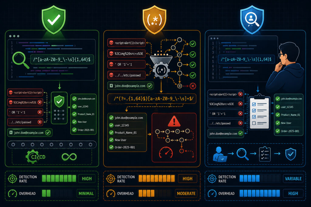 Visual comparison diagram showing three input sanitization validation methods: Static Analysis Linters, Pattern Matching Engines, and Manual Code Review with effectiveness and overhead indicators.