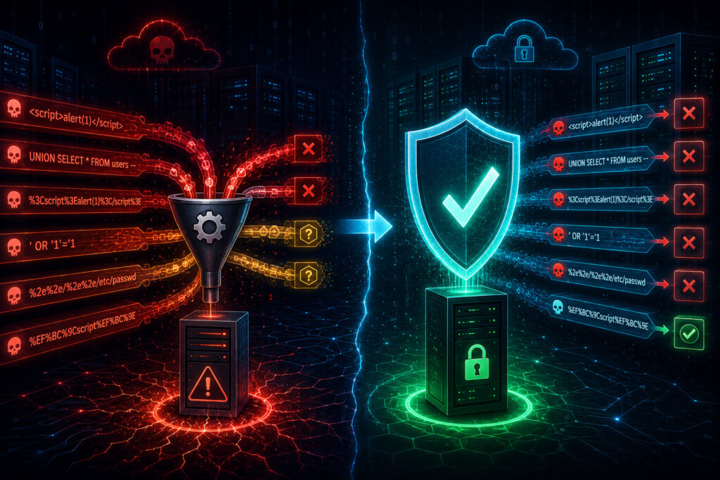 Dynamic illustration showing the limitations of input sanitization alone, with a filter removing obvious threats but missing subtle encoded payloads, while allowlist provides comprehensive protection.