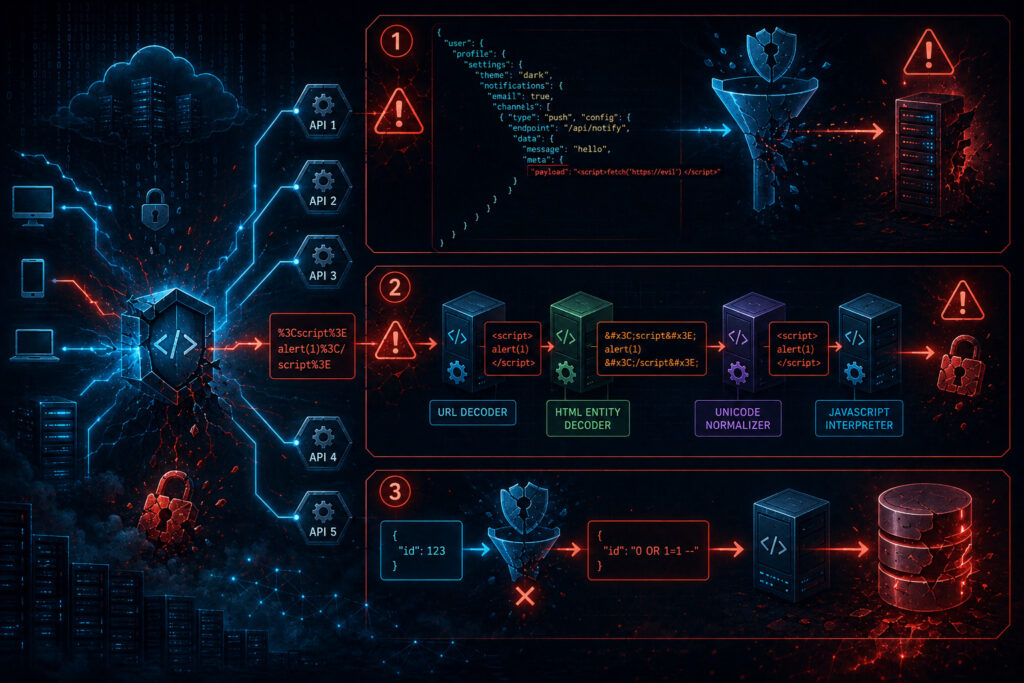 Dynamic illustration showing API security risks from legacy blocklists with deeply nested JSON payloads containing hidden malicious code and inconsistent decoding across microservices.