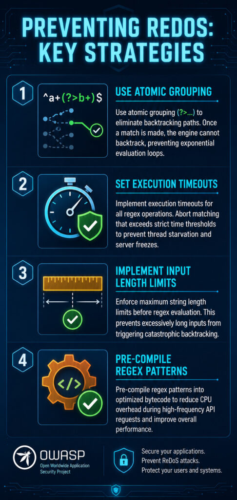  Vertical infographic titled "Preventing ReDoS: Key Strategies" showing four key strategies: use atomic grouping, set execution timeouts, implement input length limits, and pre-compile regex patterns.
