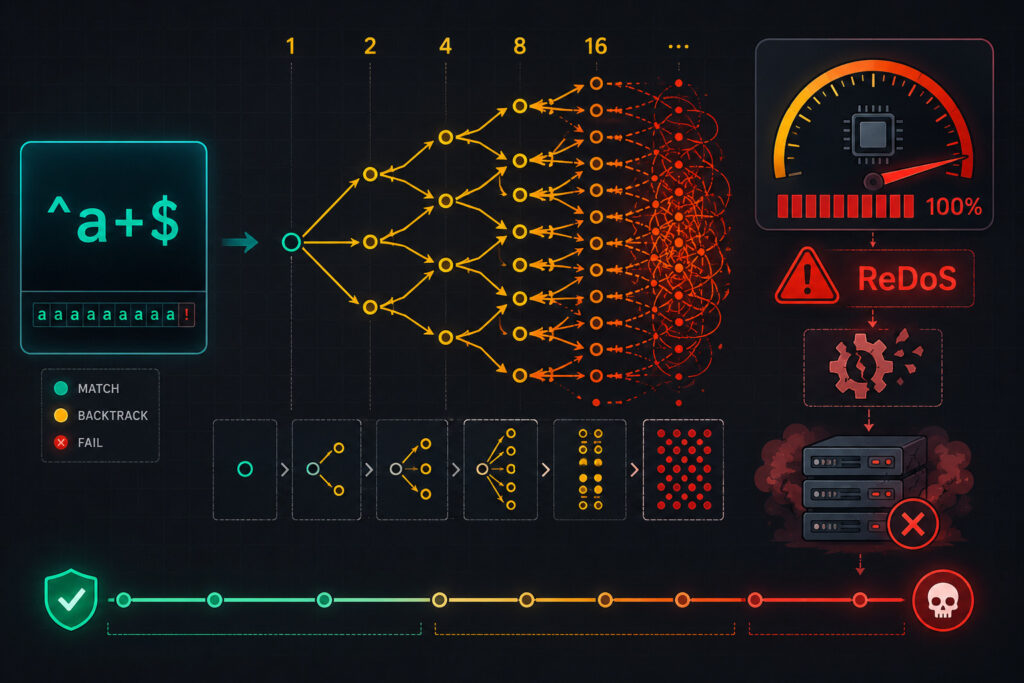 Visual diagram showing how regex engines fail with exponential backtracking paths consuming CPU resources, leading to catastrophic ReDoS attacks.