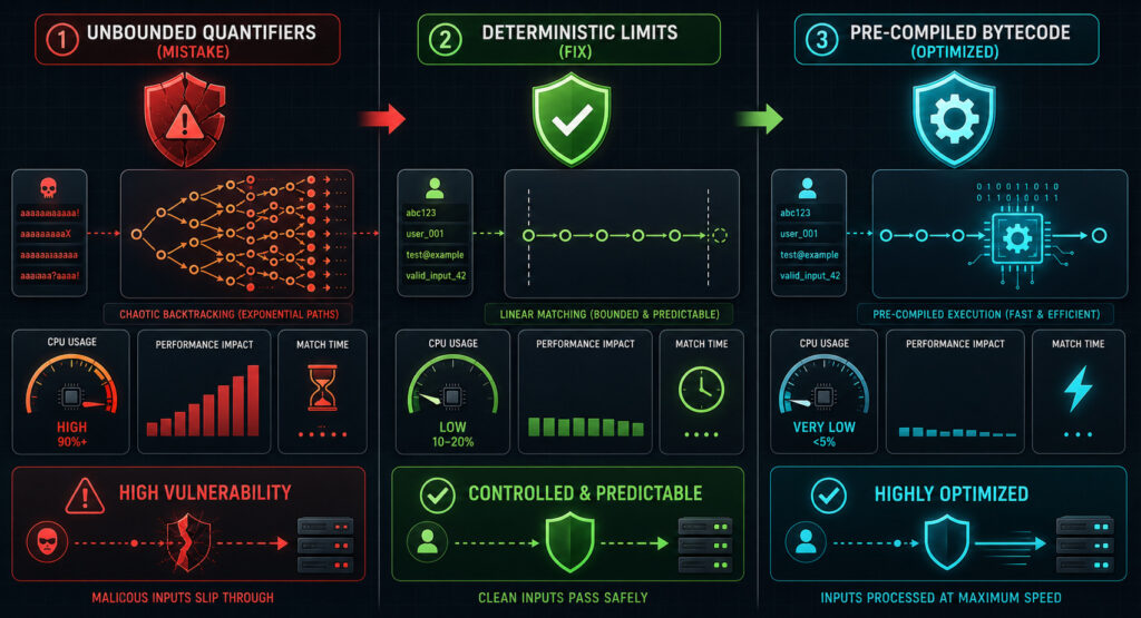 Visual comparison diagram showing three regex approaches: Unbounded Quantifiers (high vulnerability), Deterministic Limits (controlled), and Pre-compiled Bytecode (optimized).