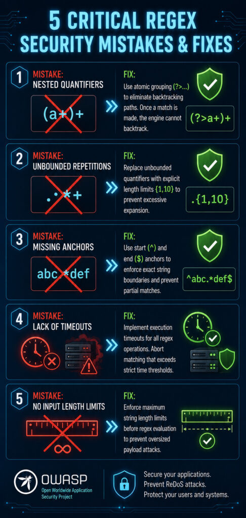 Vertical infographic titled "5 Critical Regex Security Mistakes & Fixes" showing five mistakes with their corresponding fixes: nested quantifiers, unbounded repetitions, missing anchors, lack of timeouts, and no input length limits.