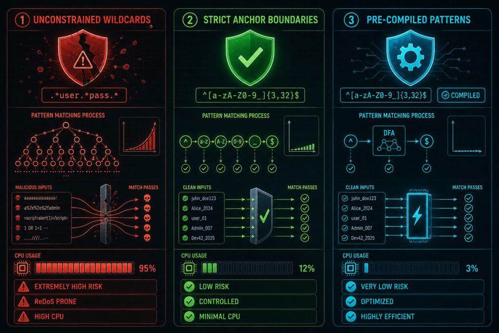 Visual comparison diagram showing three validation methods: Unconstrained Wildcards (high risk), Strict Anchor Boundaries (low risk), and Pre-compiled Patterns (optimized performance).