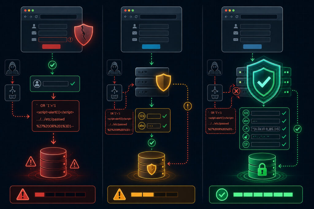 Visual comparison diagram showing three validation layers: Client-Side Only (low security), Basic Server-Side (moderate), and Robust Server-Side (comprehensive), with security efficacy indicators.