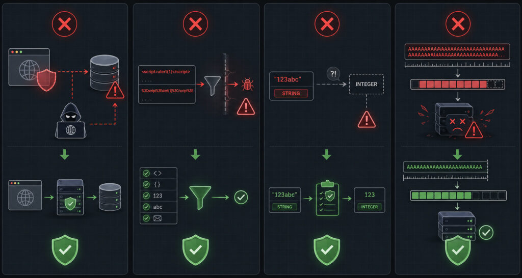 Visual comparison diagram showing four common server-side validation mistakes: Client-Side Reliance, Blacklist Filtering, Type Misconfiguration, and Missing Length Limits, with their architectural impacts and defensive resolutions.