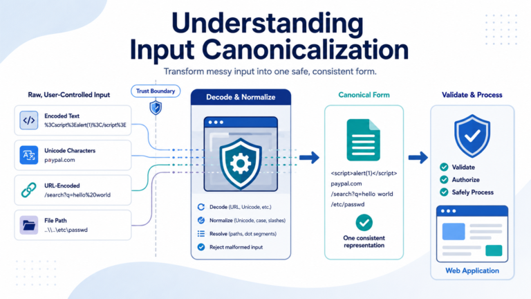 Conceptual graphic on understanding input canonicalization across encoded text, Unicode, and file paths.