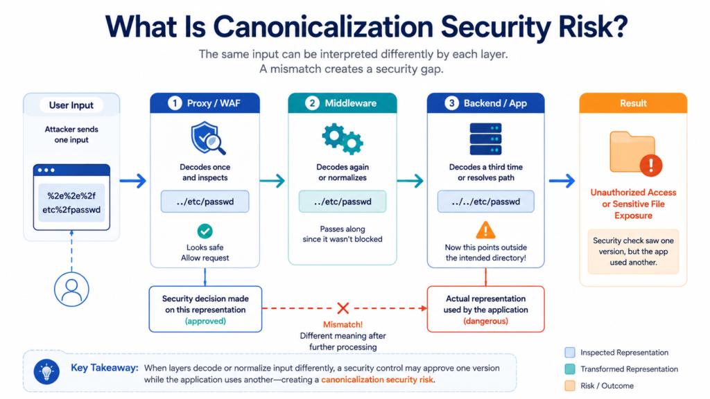 Multi-tier diagram for understanding input canonicalization, showing decoding differences across proxy and backend layers.