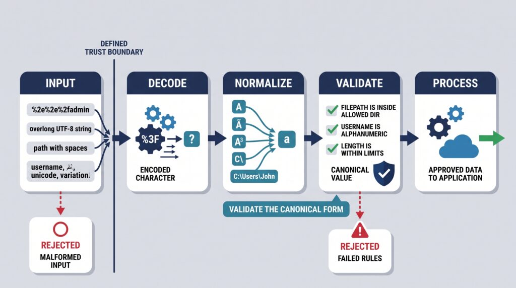 Horizontal flowchart for understanding input canonicalization, tracking data through decode, normalize, and validate steps.