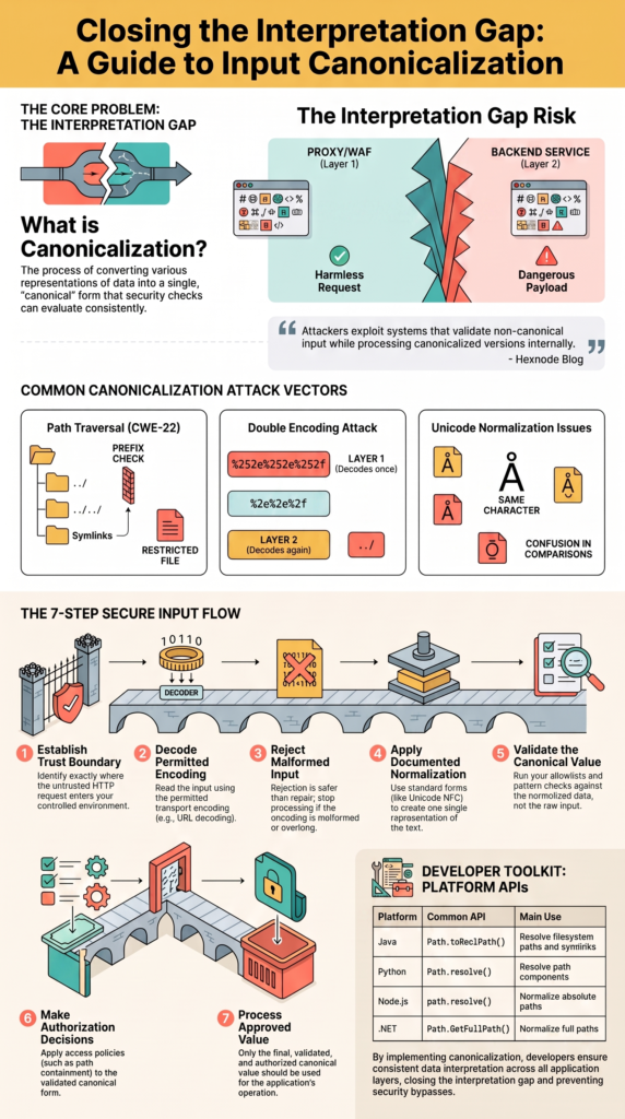 Infographic covering a 7-step secure flow and platform APIs for understanding input canonicalization