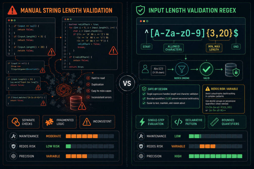 Visual comparison diagram showing Manual String Length Validation vs Input Length Validation Regex with evaluation metrics: enforcement model, ReDoS risk, code maintainability, and boundary precision.
