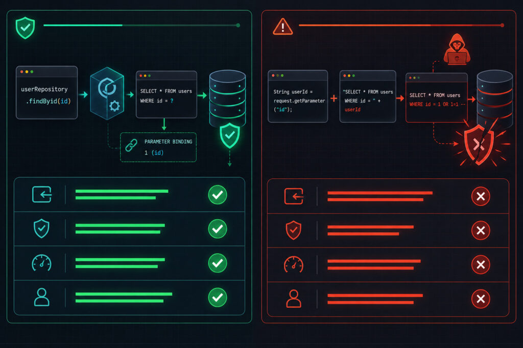 Visual comparison diagram showing Automated ORM Parameterization vs Legacy Raw String Concatenation with input handling, SQL injection risk, query compilation, and developer overhead metrics.