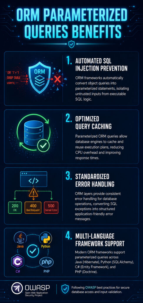 Vertical infographic titled "ORM Parameterized Queries Benefits" showing four key benefits: automated SQL injection prevention, optimized query caching, standardized error handling, and multi-language framework support.