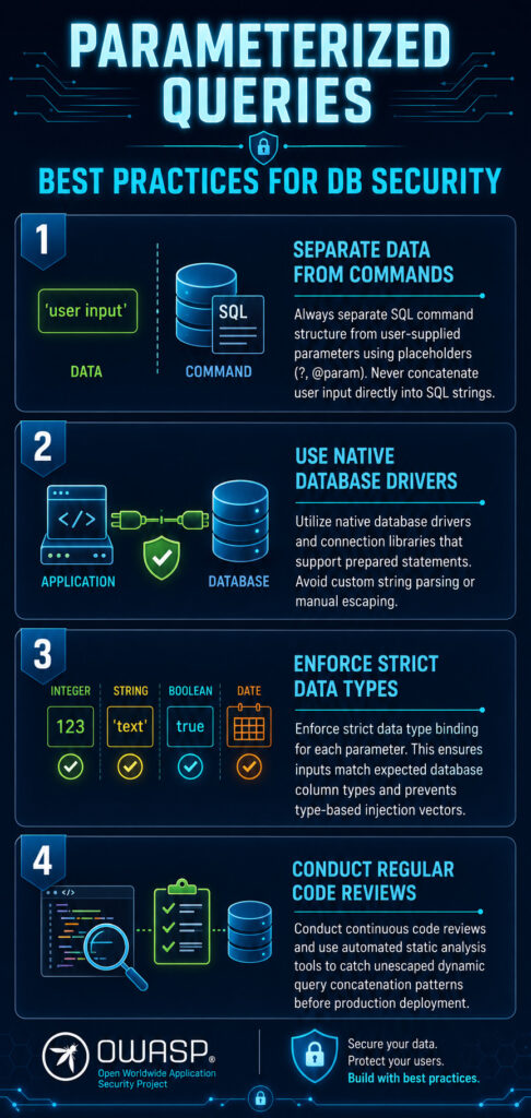 Vertical infographic titled "Parameterized Queries Best Practices for DB Security" showing four key practices: separate data from commands, use native drivers, enforce strict data types, and conduct code reviews.