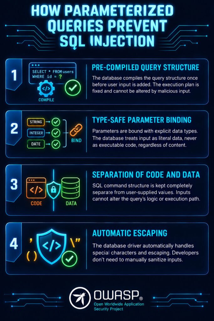 Vertical infographic titled "How Parameterized Queries Prevent SQL Injection" showing four key mechanisms: pre-compiled query structure, type-safe parameter binding, separation of code and data, and automatic escaping.