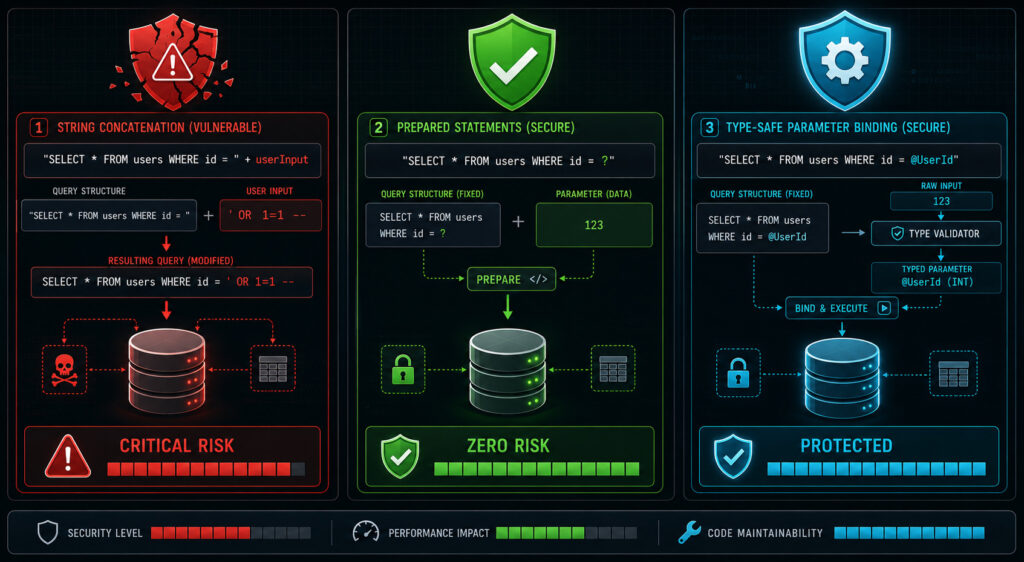 Visual comparison diagram showing three SQL injection prevention approaches: String Concatenation (vulnerable), Prepared Statements (secure), and Type-Safe Parameter Binding (secure), with risk level indicators.