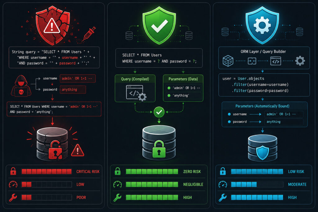 Visual comparison diagram showing three database query methods: Dynamic String Concatenation (critical risk), Standard Parameterized Queries (safe), and ORM Framework Abstraction (low risk) with security and performance indicators.